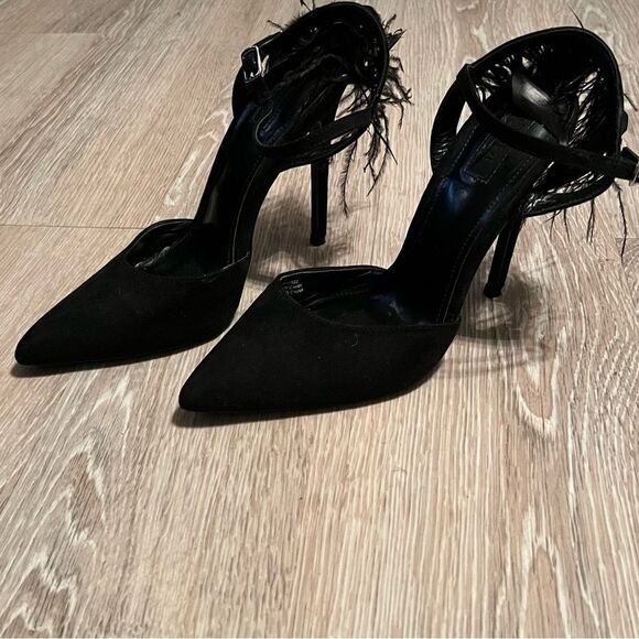 Black Feather Heel Pointed toe Ankle Strap 5” Stiletto Party Whimsigoth Goth 7.5 - Picture 3 of 10